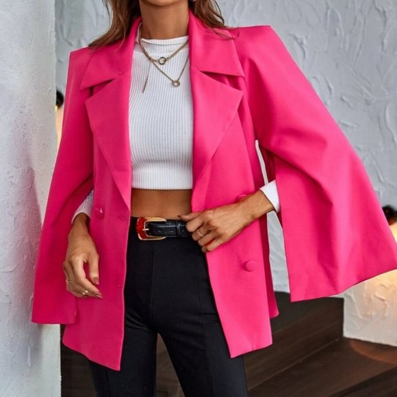 Chic Pink Cloak Sleeve Double Breasted Cape Blazer business - Picture 4 of 6
